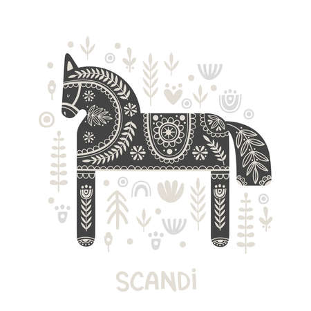 Illustration in scandinavian style with horse and floral elements: flowers, leaves, branches. Folk art. Vector nordic background with ornaments. Home decorations. Black and white.のイラスト素材