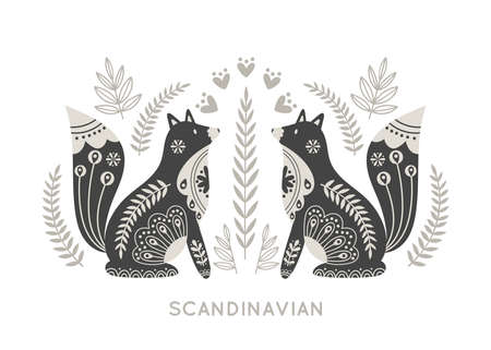 Illustration in scandinavian style with fox and floral elements: flowers, leaves, branches. Folk art. Vector nordic background with ornaments. Home decorations. Black and white.のイラスト素材