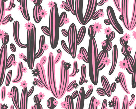 Vector seamless pattern with cactus on white background. Summer plants, flowers and leaves. Natural...