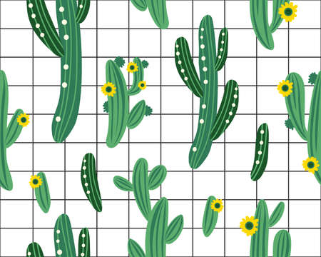 Vector seamless pattern with cactus on black and white geometric background. Summer plants, flowers and leaves. Natural floral bright design. Botanical illustration.のイラスト素材