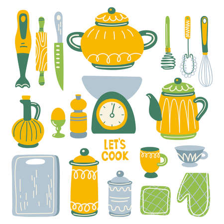 Set with kitchen utensil and appliance. Scandinavian illustration of kitchen elements in flat style. Funny cartoon texture with hand drawn food preparation and kitchenware. Vector doodle clipart.のイラスト素材
