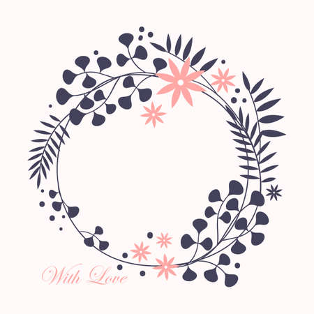 Wreath. Vector floral illustration with branches, berries and leaves. Black frame on white background.のイラスト素材