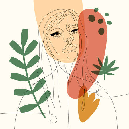 Abstract woman portrait continuous one line vector illustration