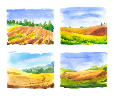 Set of watercolor illustration with landscape fields. Nature background. Organic farms. Eco growing. Agriculture.の写真素材