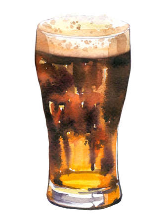 Oktoberfest. Watercolor illustration with glass of stout in picturesque style for bar. Drink menu for celebration. Beer poster.の写真素材
