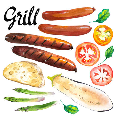 Watercolor Illustration with grill food. Eggplant, asparagus, tomato, sausages.の写真素材