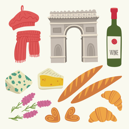 Flat vector illustration with traditional symbols of France, food and architecture. French cuisine. Set with croissant, baguette, beret, pastries, wine, cheese. Paris landmarks. Arc de Triomphe.のイラスト素材