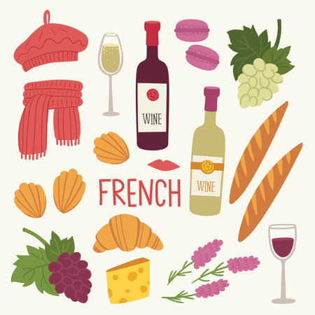 Flat vector illustration with traditional symbols of France, food and architecture. French cuisine. Set with croissant, baguette, beret, pastries, lavender, wine, grapes, cheeseのイラスト素材