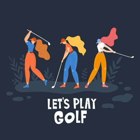 Set with young girl hitting ball with golf club. Vector flat hand drawn illustration. Female golfer plays golf. Woman in sport. T-shirt print design. Lets play. Cartoon characters.のイラスト素材
