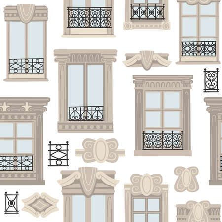 Flat vector illustration with traditional Paris window. Seamless pattern. Postcard from France. Architecture elements clipart. Background with french facade.のイラスト素材