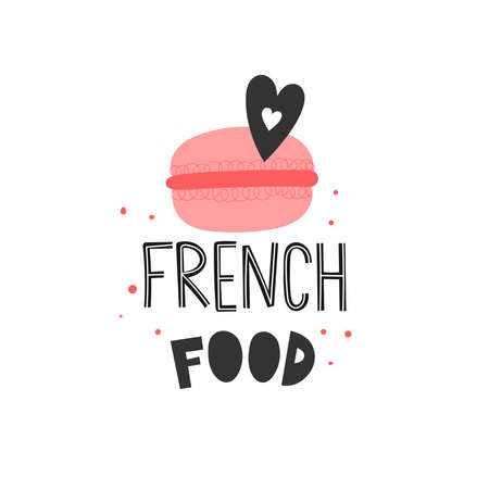Macarons. Flat vector illustration with traditional France food. Postcard with french cuisine. Paris landmark. Clipart set.のイラスト素材