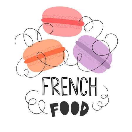 Macarons. Flat vector illustration with traditional France food. Postcard with french cuisine. Paris landmark. Clipart set.のイラスト素材