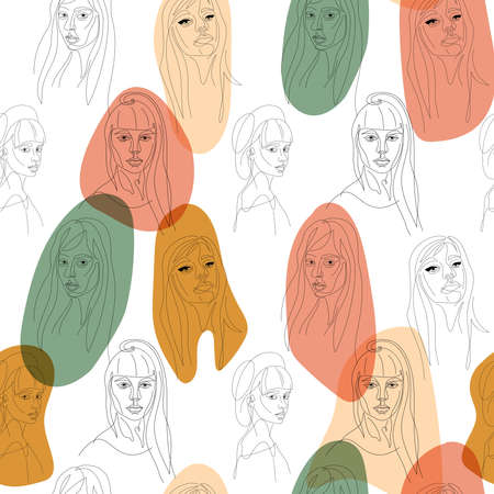 Abstract woman portraits on white background continuous one line vector seamless pattern. Female faces, silhouette.Overlapping paint, geometric splash, stain with floral elements background.のイラスト素材