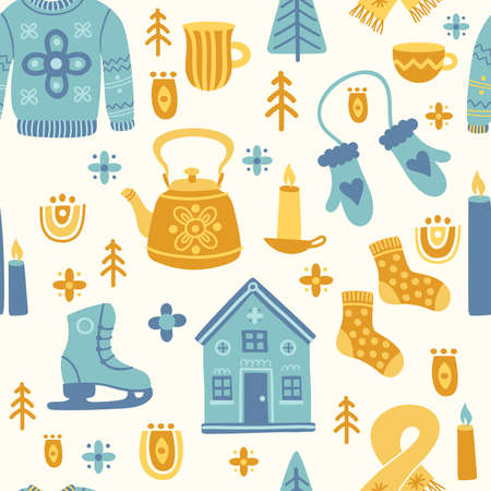 Seamless pattern in scandinavian style with house, sweater, skates, gloves, scarf, tree, candle, socks, branch, cup. Folk art. Vector nordic background with illustrations. Home decorations.のイラスト素材