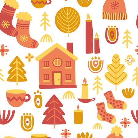 Seamless pattern in scandinavian style with house, tree, candle, socks, branch, hat, cup. Folk art. Vector nordic background with ornaments. Home decorations.のイラスト素材