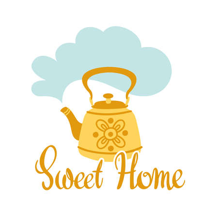 Composition with teapot in scandinavian style. Folk art. Banner, greeting card. Vector nordic illustrations. Sweet homeのイラスト素材