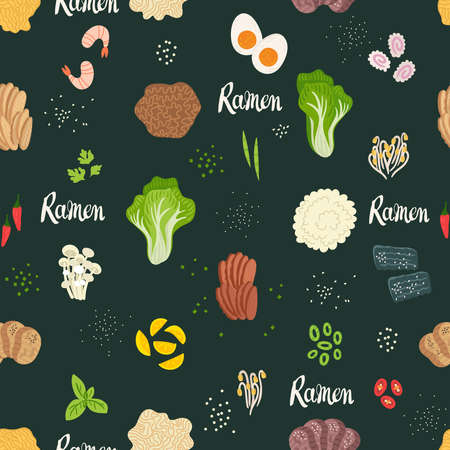 Seamless pattern. Ramen, udon, noodles on table. Top view. Vector illustration. Japanese soup, Ingredients in flat style. Asian food: miso, nori, soybean sprouts, kamaboko, enoki, bok choy.のイラスト素材