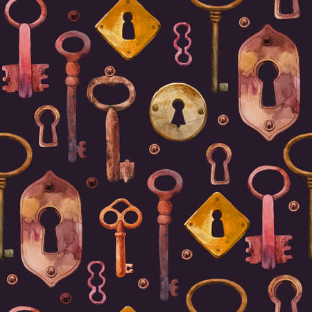 set of hand-drawn antique copper, gold, iron keys and keyhole. Illustration in picturesque style on black background. Old objects design.の写真素材