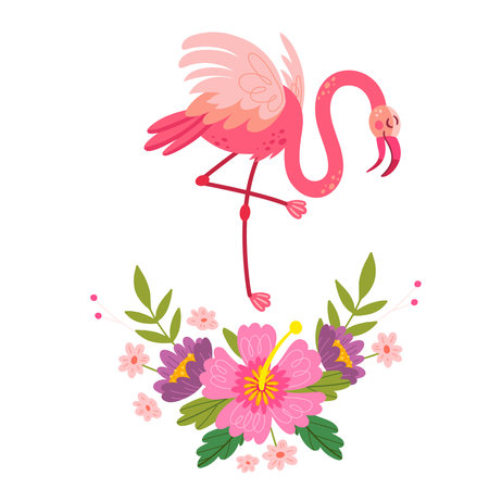 Exotic tropical birds, pink flamingos, flowers and leaves, . Stylish floral print vector illustration poster.のイラスト素材