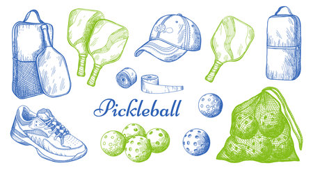 Vector sport illustration with Pickleball equipment. Balls, rackets, bag, sneaker, cap.のイラスト素材