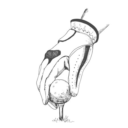 Hand on the golf ball. Vector hand-drawn sports equipment. Illustration in sketch style on white background.のイラスト素材