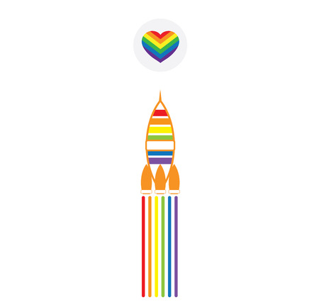 LGBT Gay pride love concept - Rainbow heart icon and rainbow rocket couple on white backgroundのイラスト素材