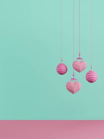 3D rendering of valentine. Pink heart and ball hanging on the green wall background. minimalist mockup. Love symbol. Modern 3d render.の写真素材