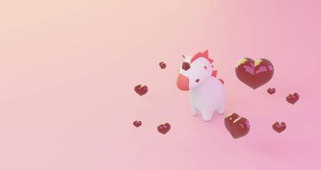 3D rendering of valentine. Reds heart and cute unicorn on blue background, minimalist mockup. Love symbol. Modern 3d render.の写真素材
