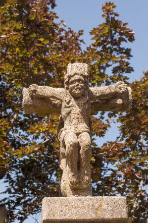 Galician cruise. Stone religious monument in the form of a cross. Typical of Galicia in Spainの写真素材