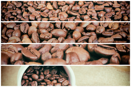 Aromatic coffee beans in a white mug on the boardの写真素材
