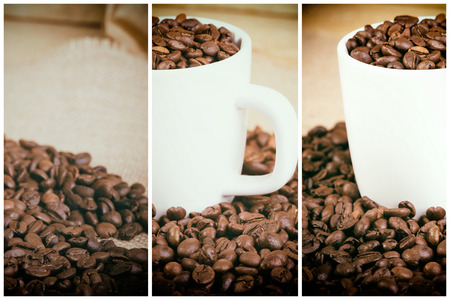 Aromatic coffee beans in a white mug on the boardの写真素材