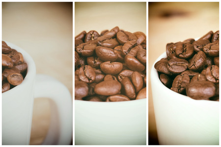 Aromatic coffee beans in a white mug on the boardの写真素材