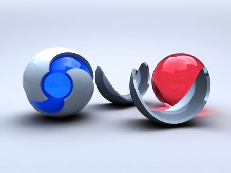 Blue abstract sphere and broken red abstract sphereの写真素材