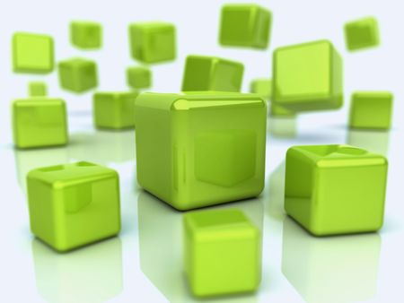 Background with abstract green cubes (depth of field)の写真素材