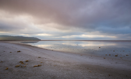 Russia, the Republic of Crimea. Dawn on the pink Lake Opuk with blossoming shores in the springの写真素材
