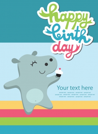 cute happy birthday card with fun hippo  vector illustrationのイラスト素材