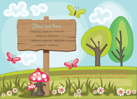 wooden board over cute nature scene. vector illustrationのイラスト素材
