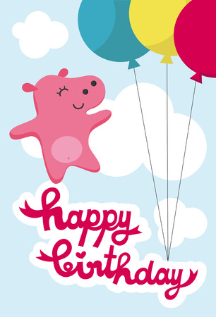 cute happy birthday card with nice pink hippo. のイラスト素材