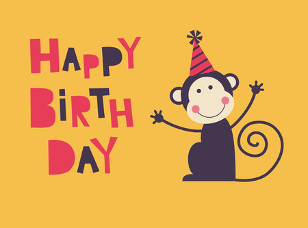 cute happy birthday card with fun monkey. のイラスト素材