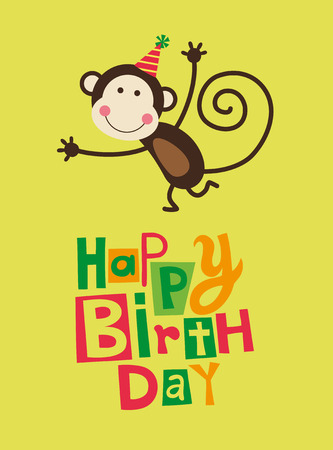 cute happy birthday card with fun monkey.のイラスト素材