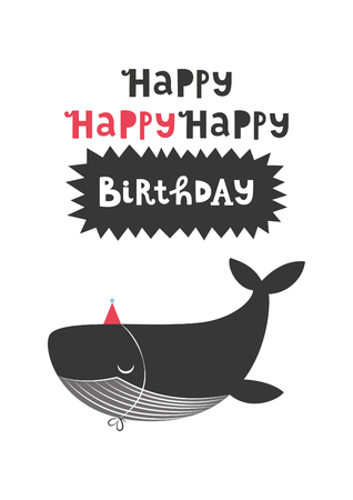 Happy Birthday greeting card with cute whale. Vector illustration.のイラスト素材