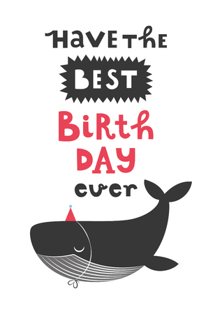 Happy Birthday greeting card with cute whale. Vector illustration.のイラスト素材
