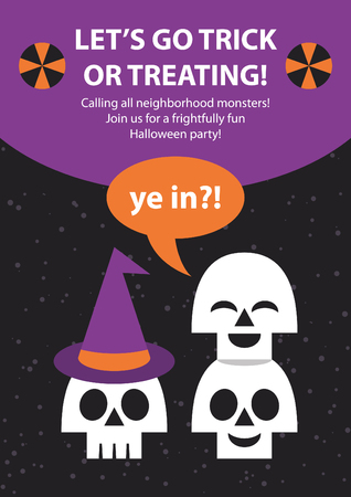 Happy Halloween card design with fun skulls. Vector illustration.のイラスト素材