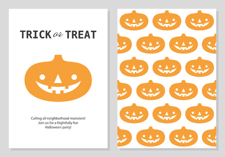 Set of Happy Halloween card design and seamless pattern with fun pumpkin. Vector illustration.のイラスト素材