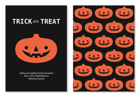 Set of Happy Halloween card design and seamless pattern with fun pumpkin. Vector illustration.のイラスト素材