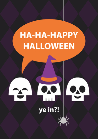 Happy Halloween card design with fun skulls. Vector illustration.のイラスト素材