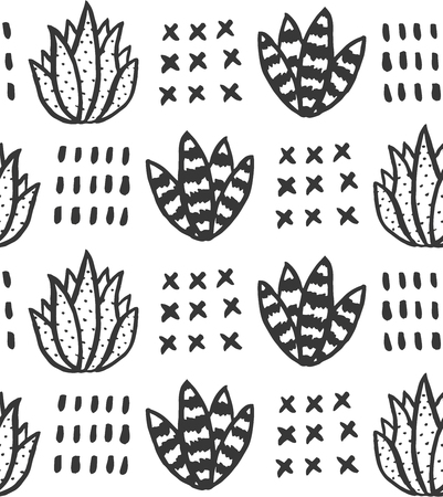 Hand drawn monochrome succulent seamless pattern. Vector illustration.のイラスト素材