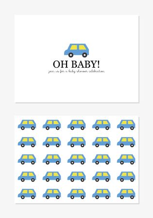 Baby shower double sided card design. Cute car baby shower. Vector illustration.のイラスト素材