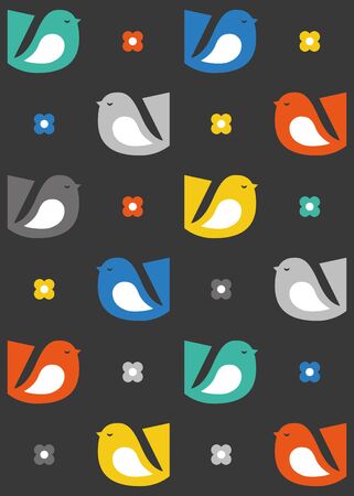 Multicolored birds and flowers seamless pattern. Nordic style. Vector illustration.のイラスト素材