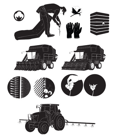 black silhouette icons cotton farmers and farm vector illustration processのイラスト素材